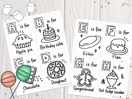 A-Z Desserts Flashcards Colorable Edition showing flashcards A-H (made by artbeesy)