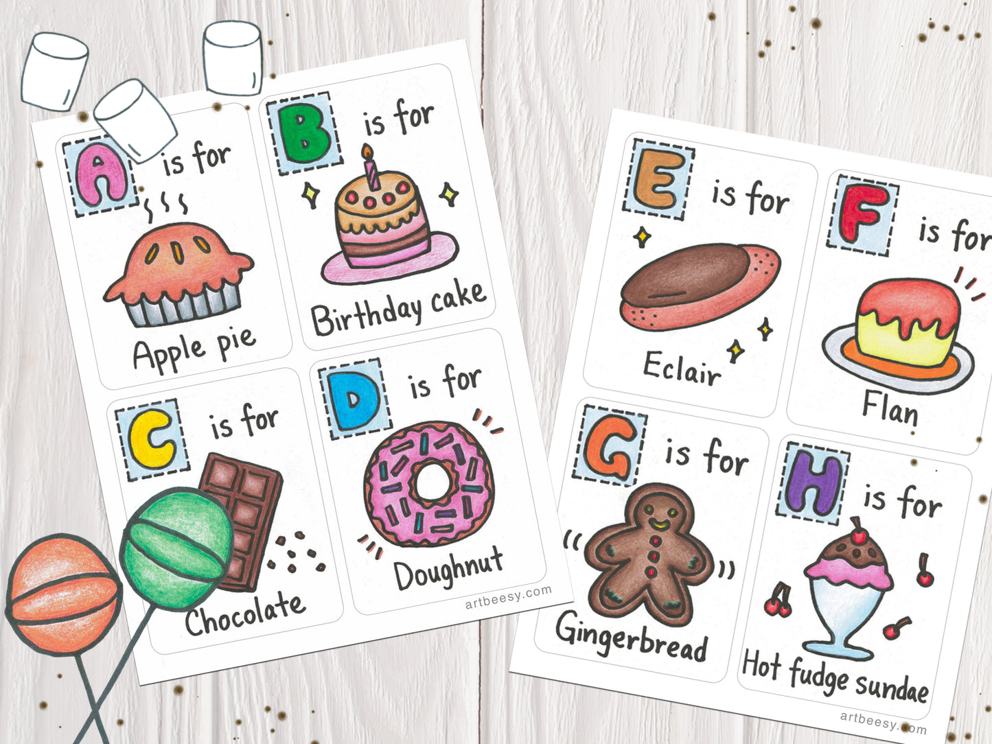 A-Z Desserts Flashcards showing flashcards A-H (made by artbeesy)