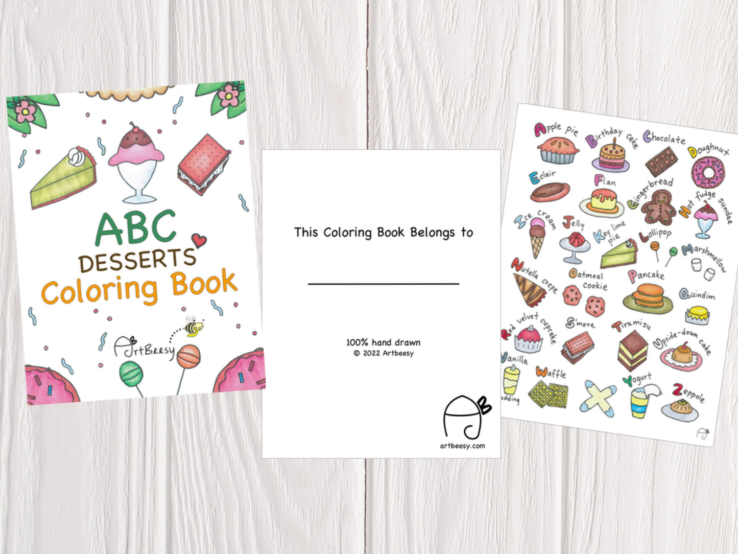 ABC Desserts coloring book that can be instantly downloaded. This coloring book features the ABC alphabets as well as dessert vocabularies. The first three pages of the ABC Desserts Printable Coloring Book is shown here. Visit ArtBeesy for more.