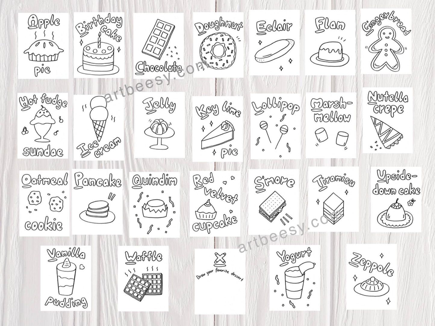 A-Z Desserts Coloring Book made by ArtBeesy with 26 dessert coloring pages from A-Z.