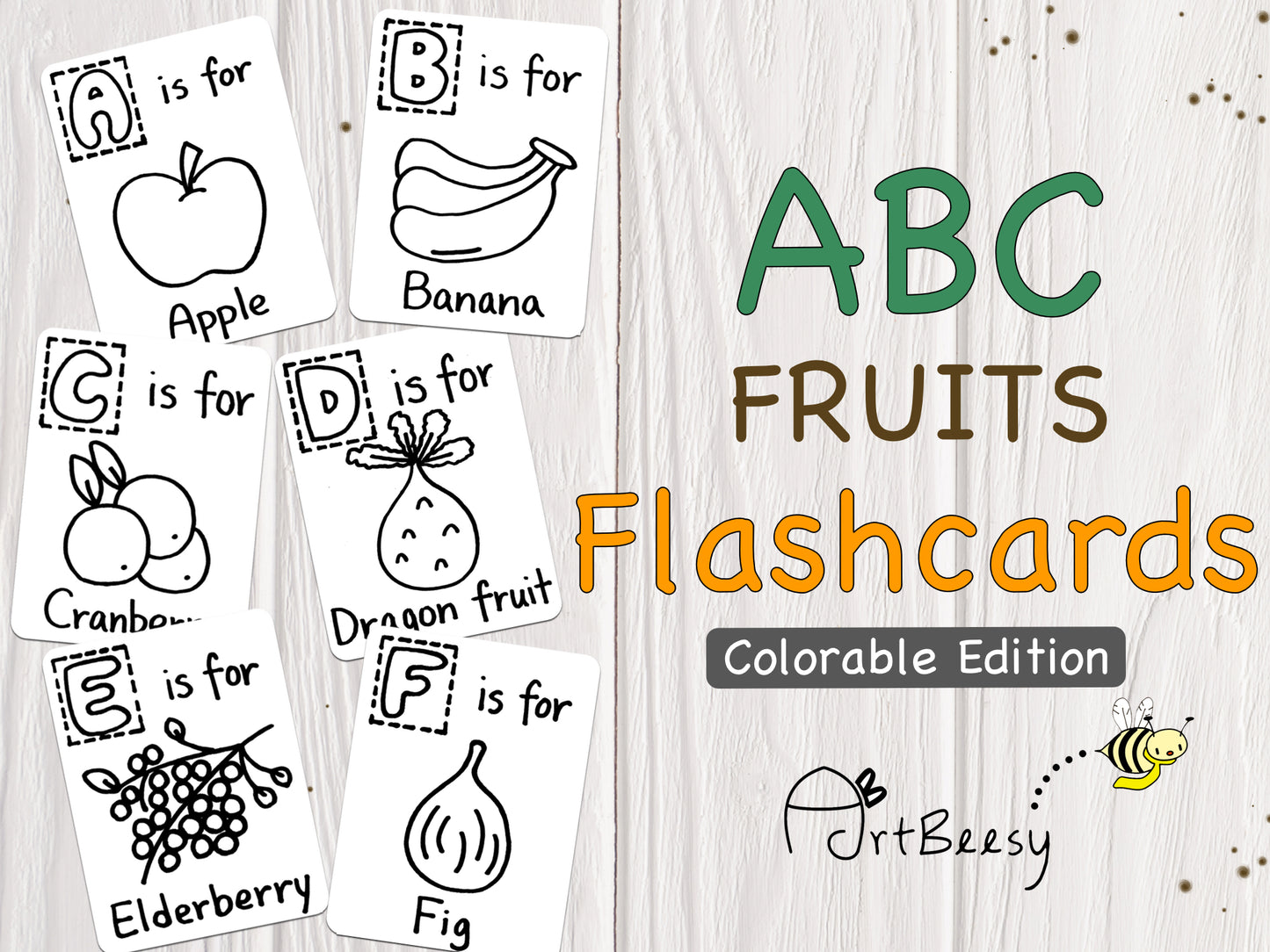 ABC Fruits Flashcards Colorable Edition, A-Z Fruits Printable Flashcards