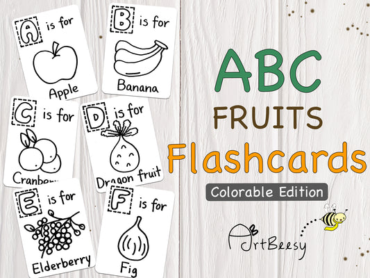 ABC Fruits Flashcards Colorable Edition, A-Z Fruits Printable Flashcards