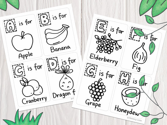 A-Z fruits flashcard coloring pages, ABC fruits drawings from A-H