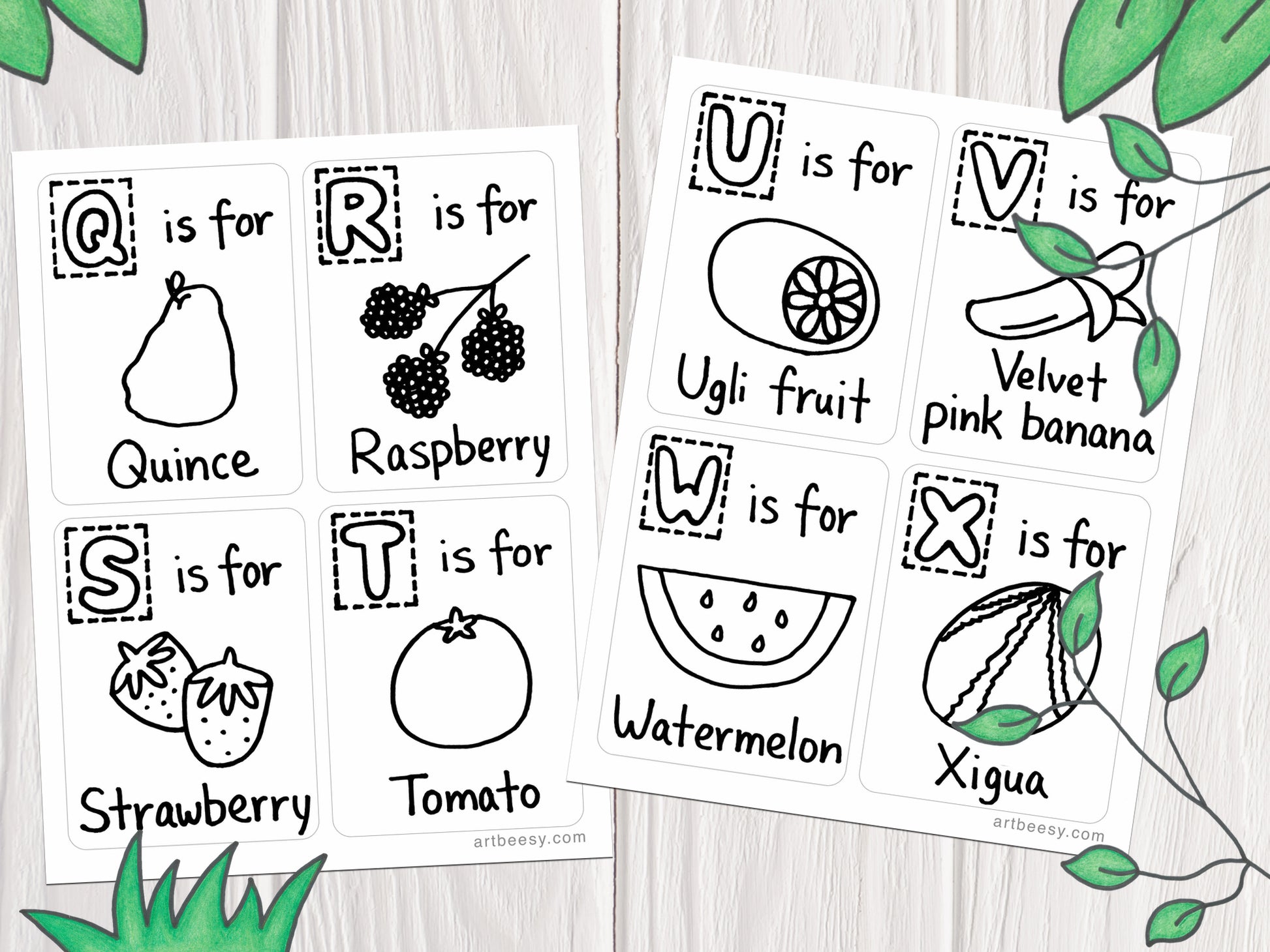 A-Z fruits flashcard coloring pages, ABC fruits drawings from Q-X