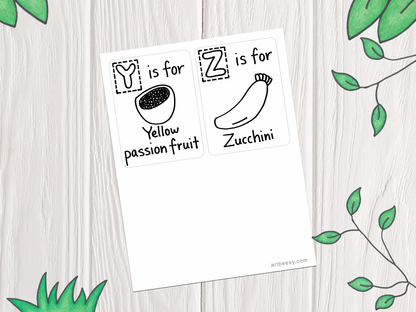 A-Z fruits flashcard coloring pages, ABC fruits drawings from Y-Z