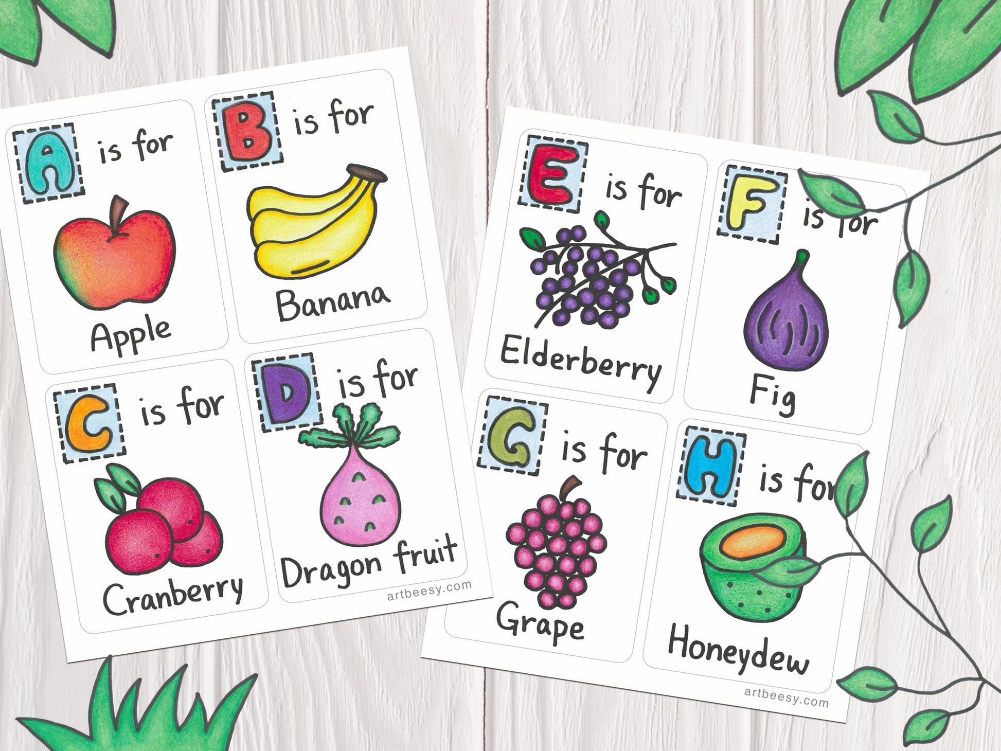 A-Z Fruits Flashcards showing flashcards A-H