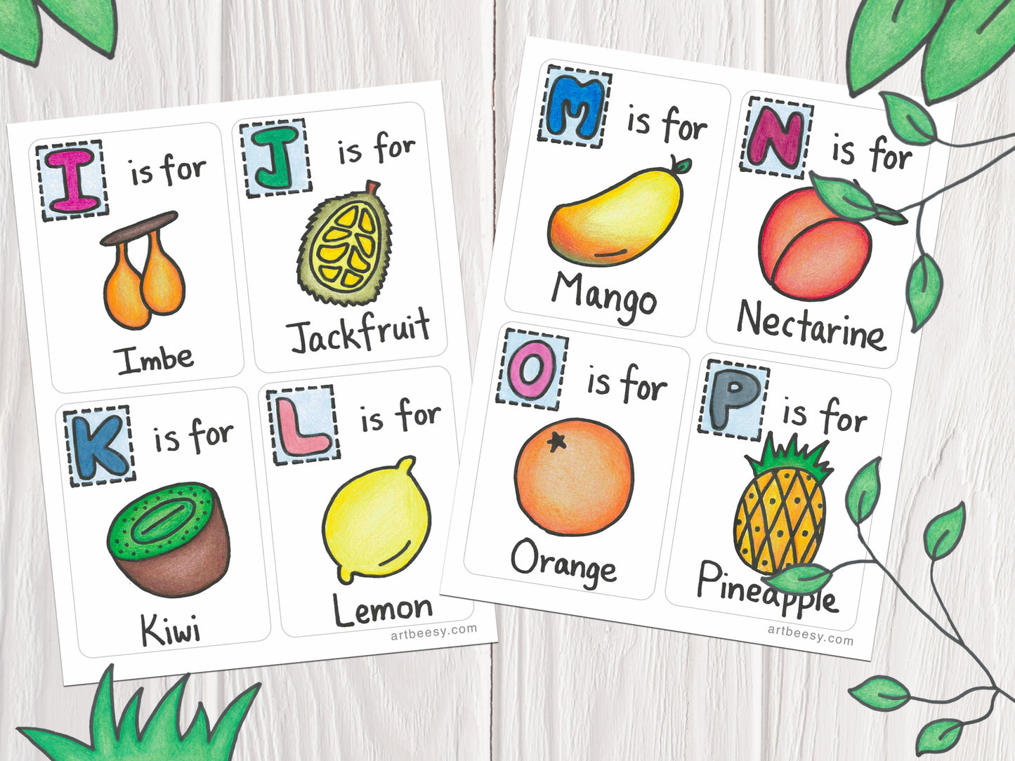 A-Z Fruits Flashcards showing flashcards I-P