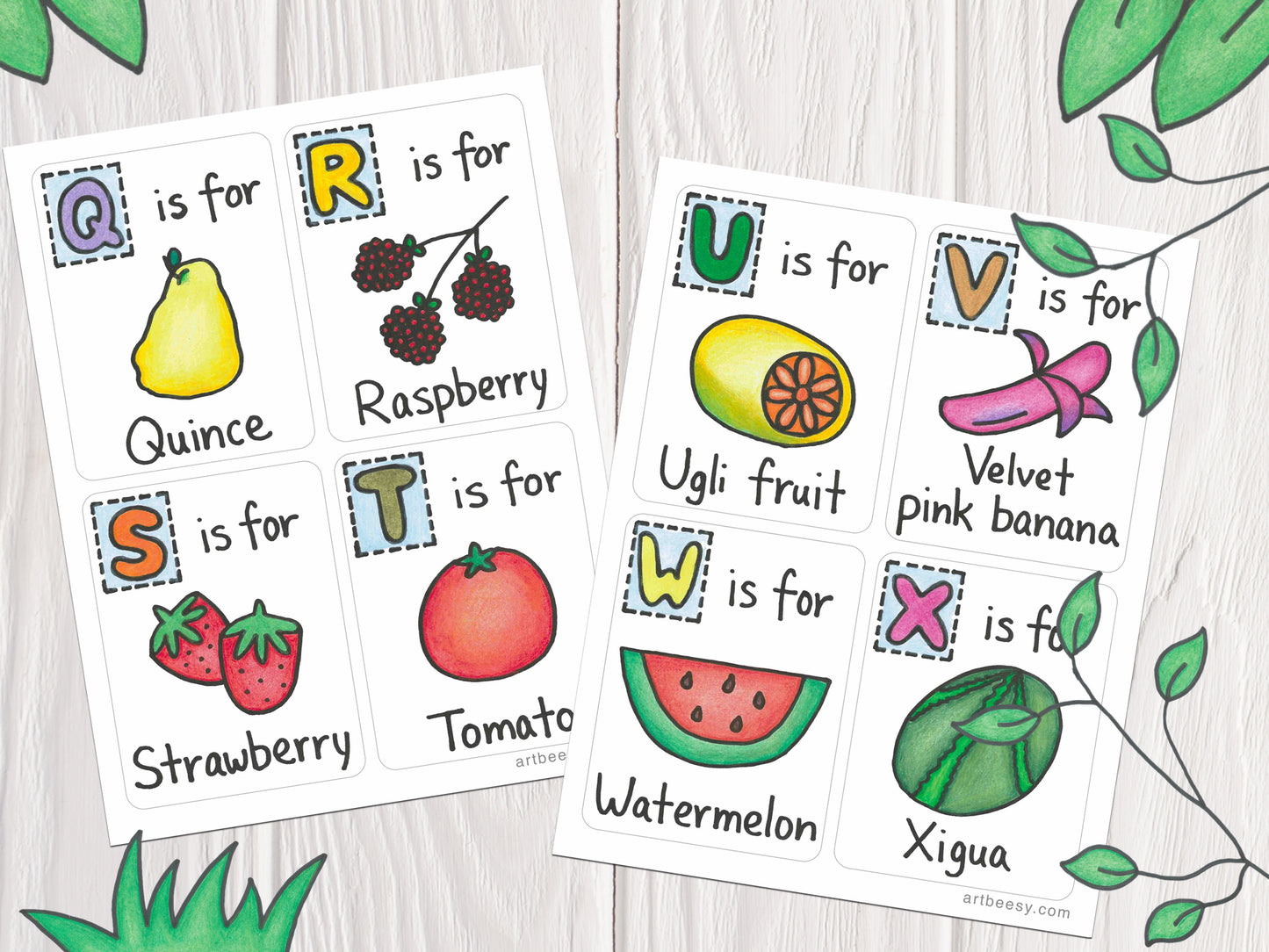 A-Z Fruits Flashcards showing flashcards Q-X