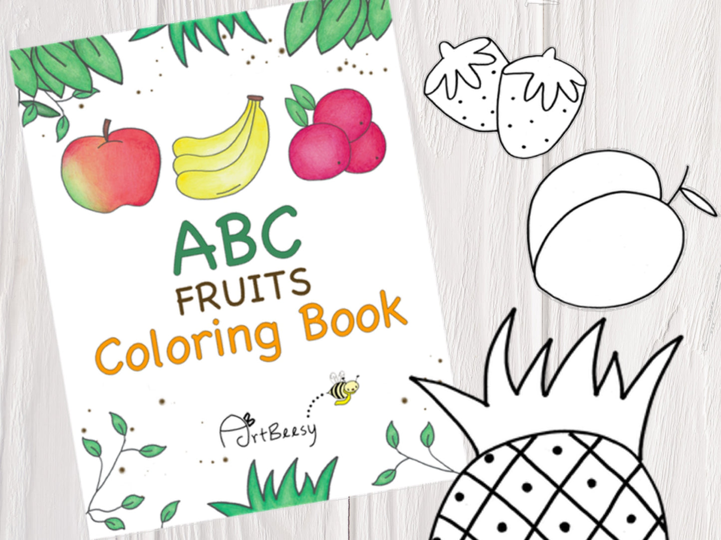 ArtBeesy ABC fruits printable coloring book that is 100% hand drawn.