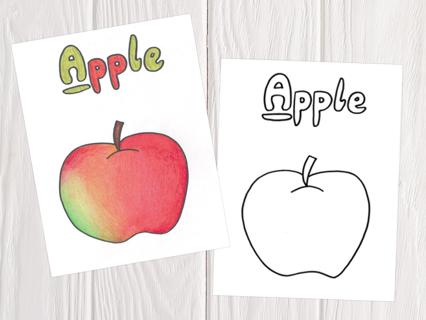 ArtBeesy printable coloring book with a sample coloring page of an apple.