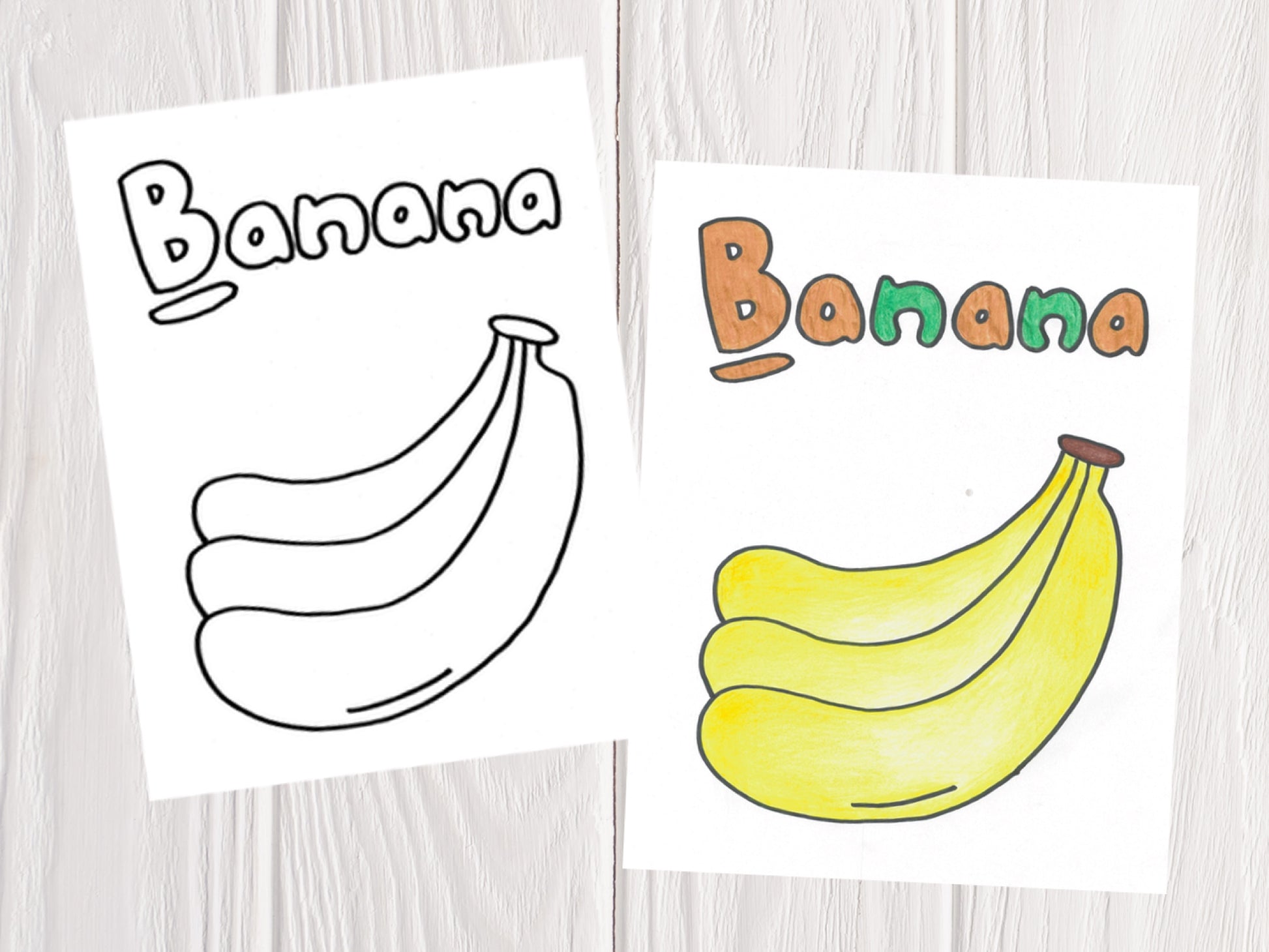 ArtBeesy printable coloring book with a sample coloring page of a banana.