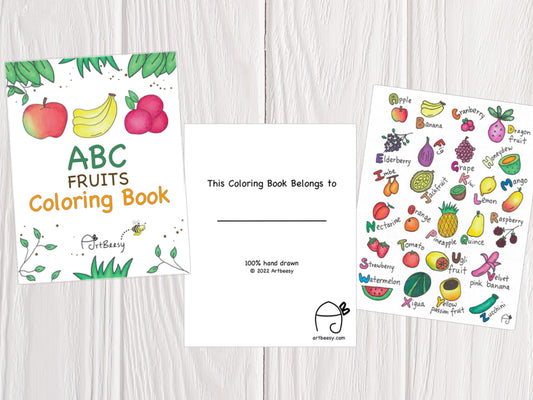 ArtBeesy ABC fruits printable coloring book with sample of the first three pages. This printable coloring book features 26 fruits with alphabets A-Z. Your kid will learn letters, fruit vocabularies, as well as how to draw fruits.