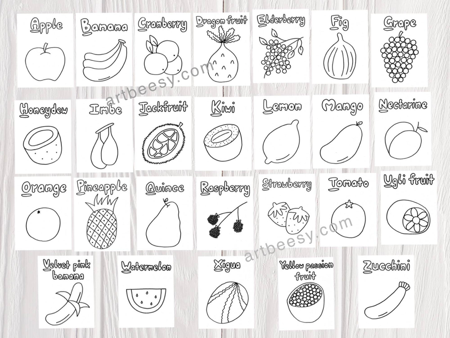 ABC fruits A-Z. Printable coloring book by ArtBeesy.