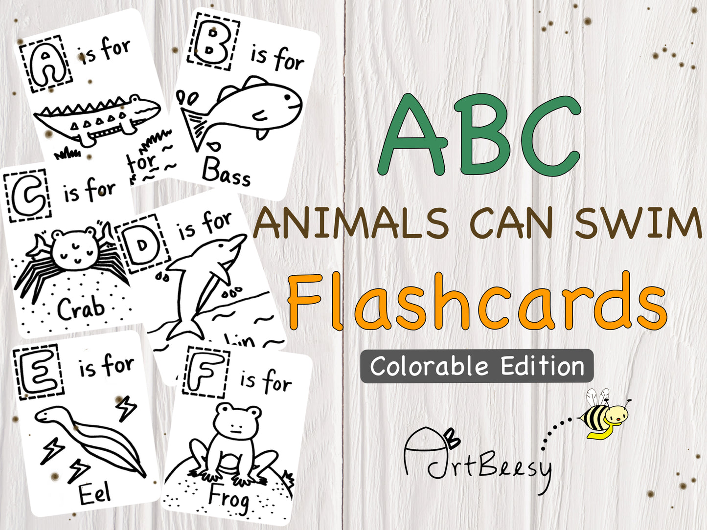 ArtBeesy ABC Animals Can Swim Flashcards Colorable Edition