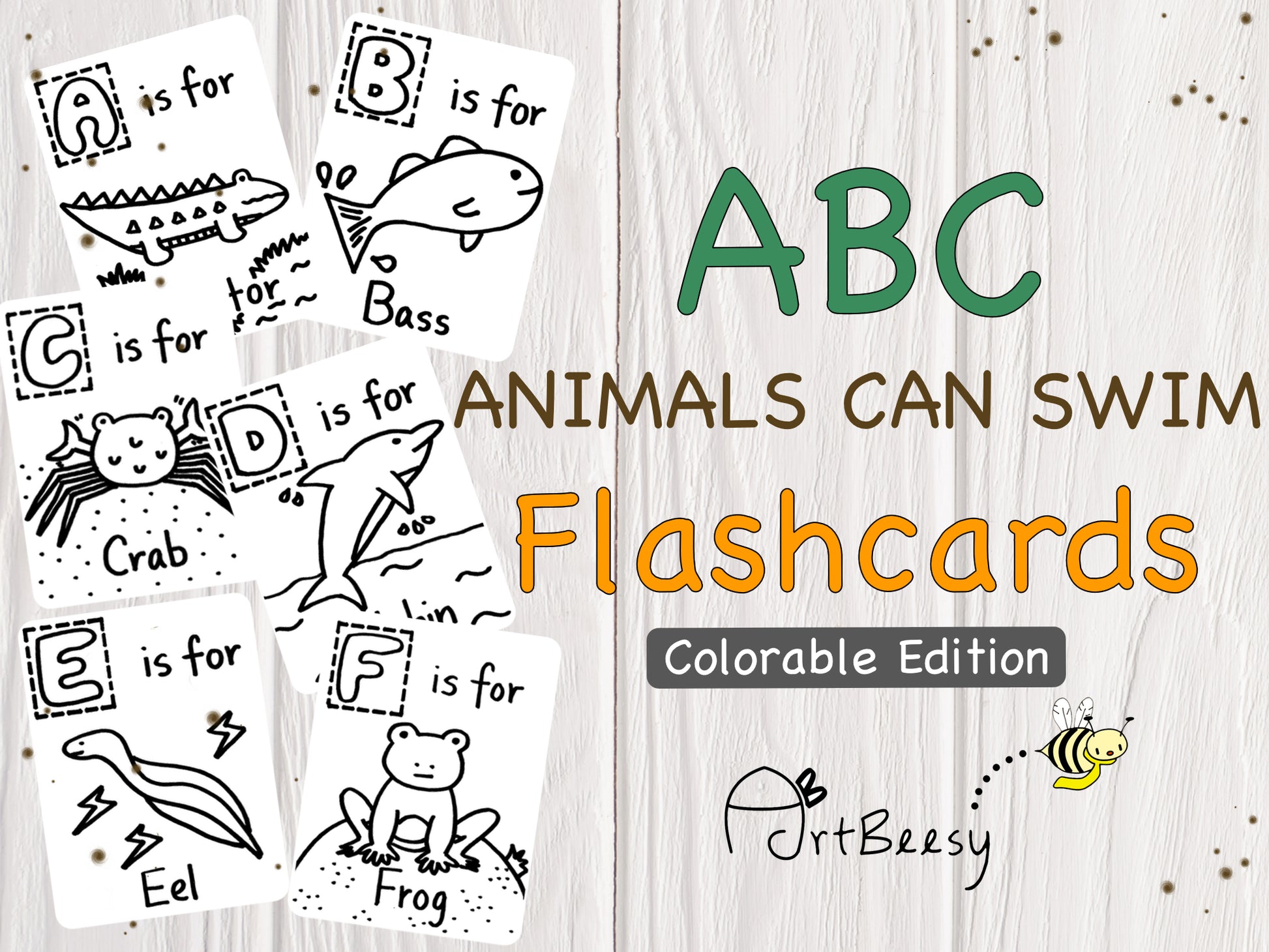 ArtBeesy ABC Animals Can Swim Flashcards Colorable Edition