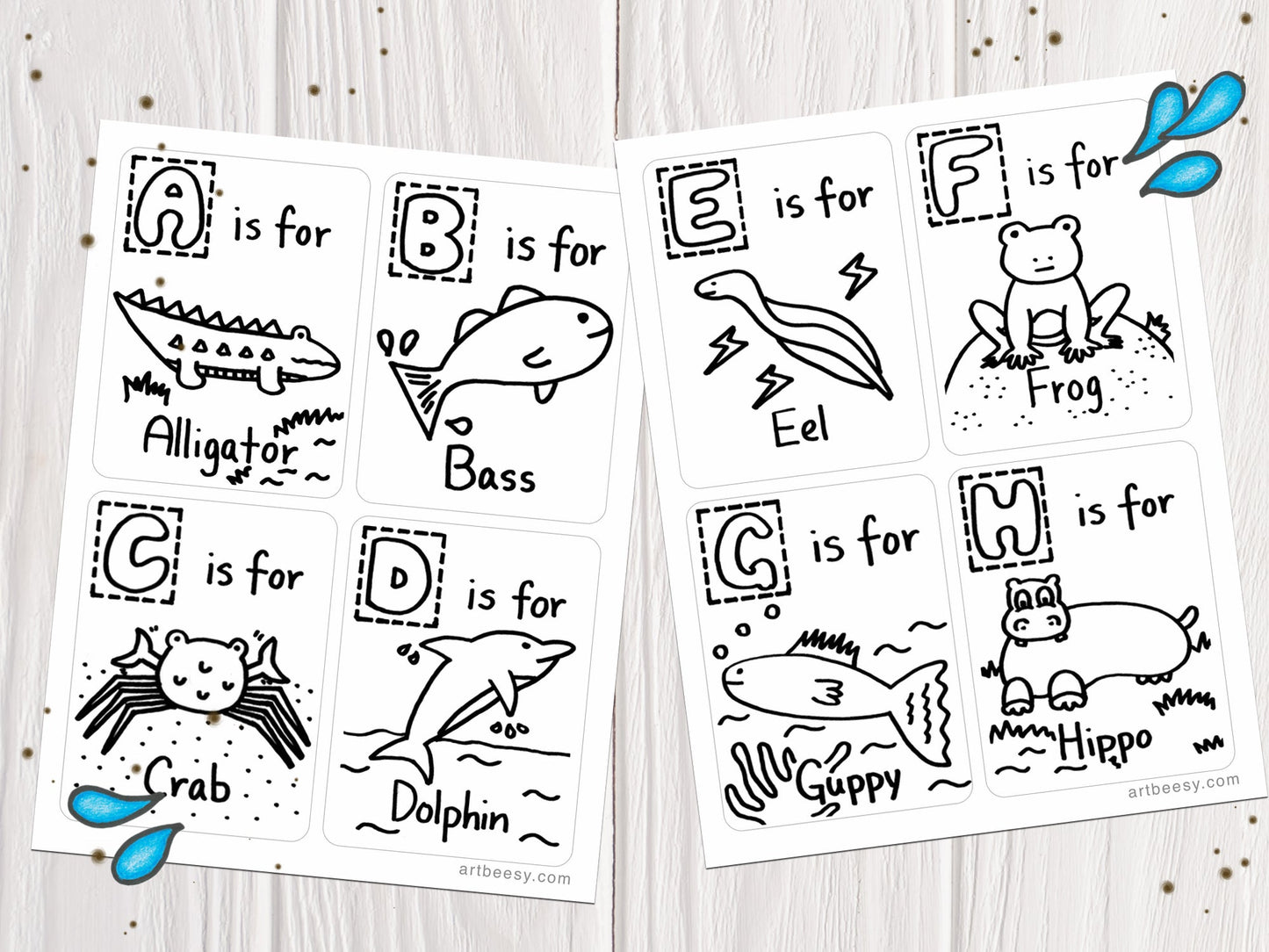 A-Z Animals Can Swim Flashcards, Colorable Edition showing flashcards A-H