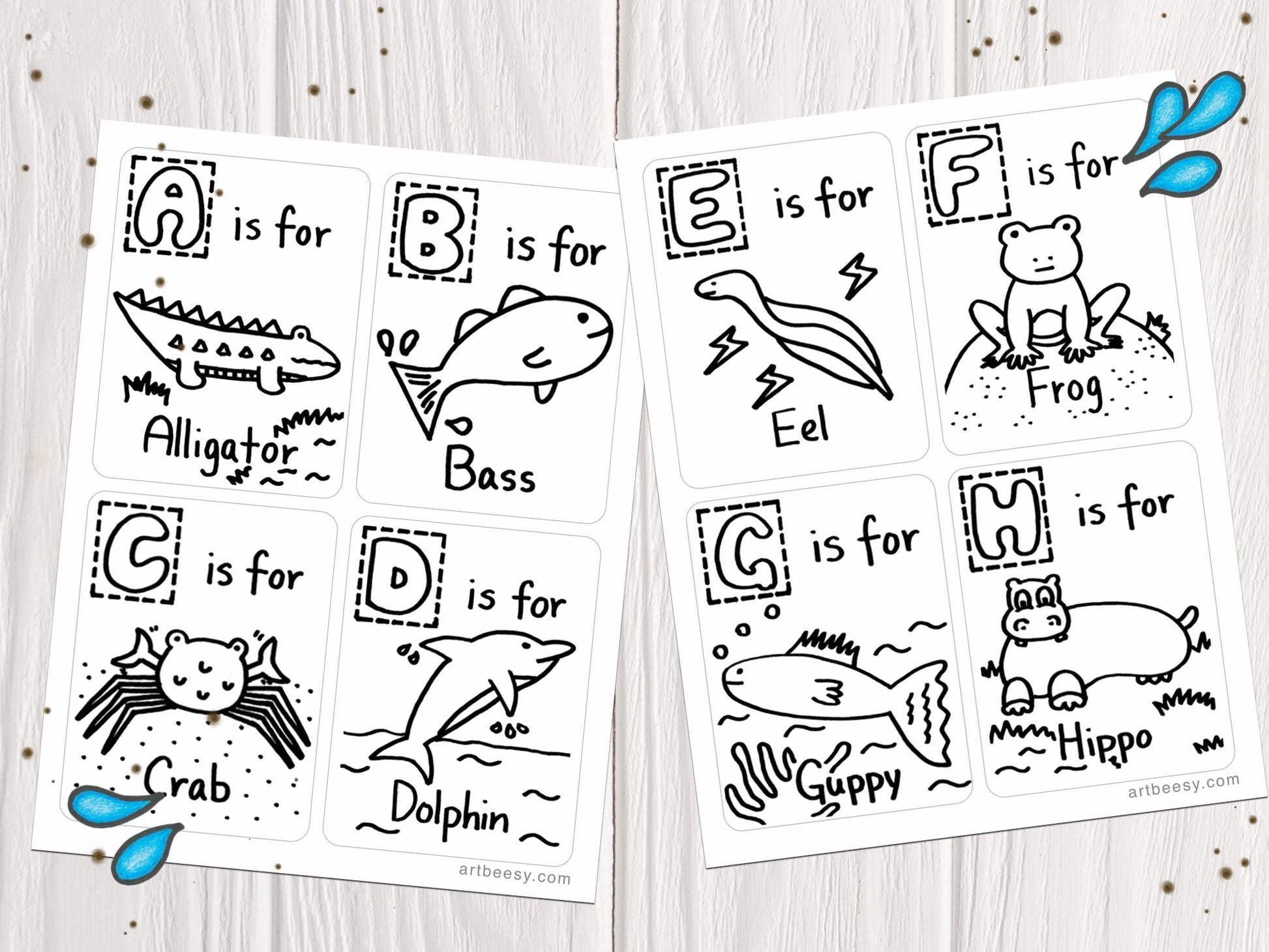 A-Z Animals Can Swim Flashcards, Colorable Edition showing flashcards A-H