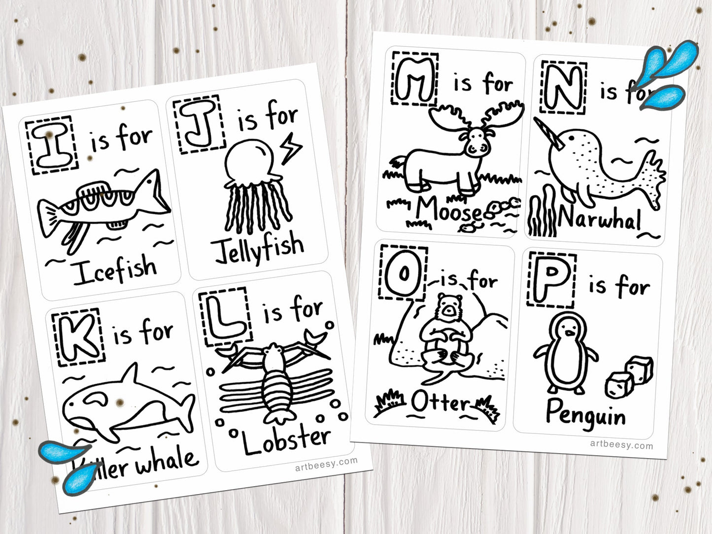 A-Z Animals Can Swim Flashcards, Colorable Edition showing flashcards I-P