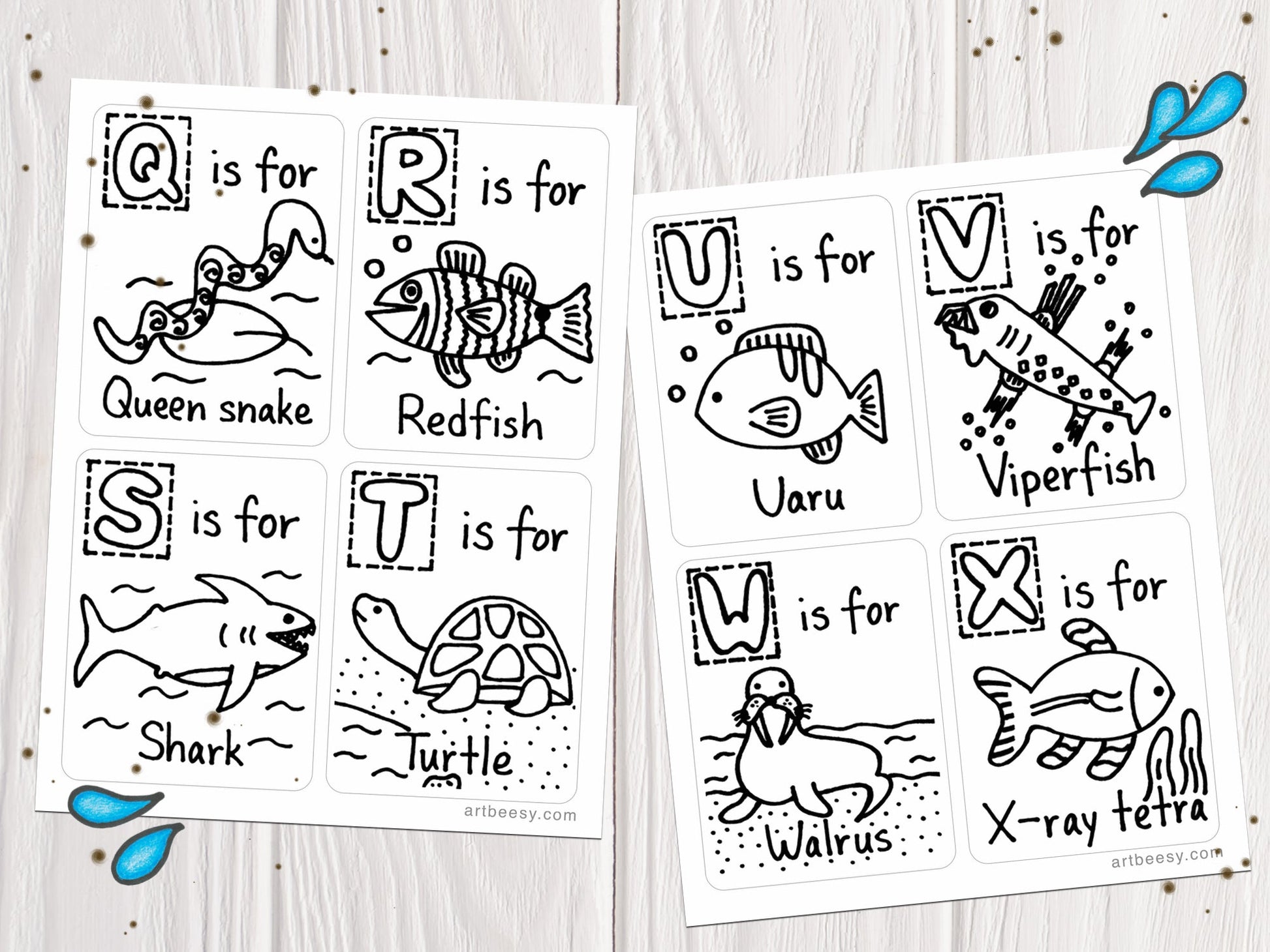 A-Z Animals Can Swim Flashcards, Colorable Edition showing flashcards Q-X