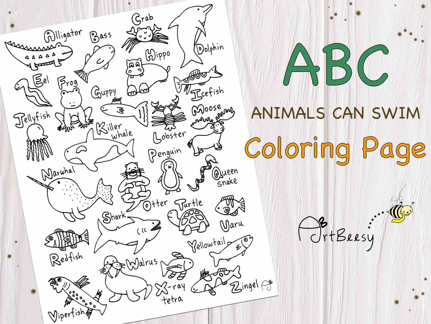 ABC Animals Can Swim Coloring Page by ArtBeesy