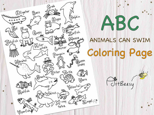 ABC Animals Can Swim Coloring Page by ArtBeesy