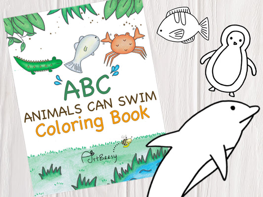 ArtBeesy ABC Animals Can Swim Printable Coloring Book with 29 pages. This is the cover page of the ABC that can swim coloring book.