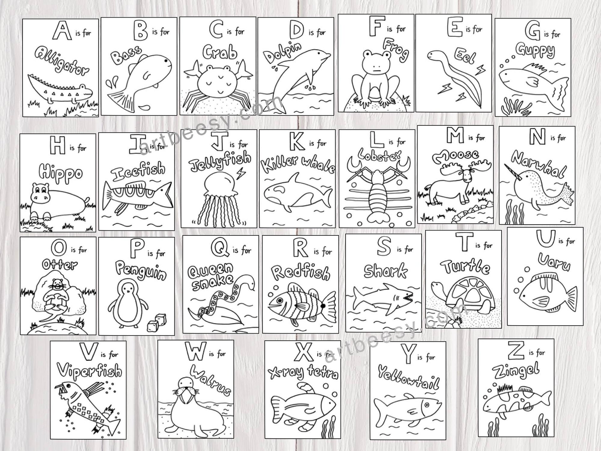 A-Z animals that can swim with 26 animal drawings from the ArtBeesy Coloring Book.