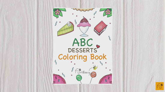 ArtBeesy printable ABC desserts printable coloring book for children. This coloring book features dessert drawings and alphabets from A-Z.